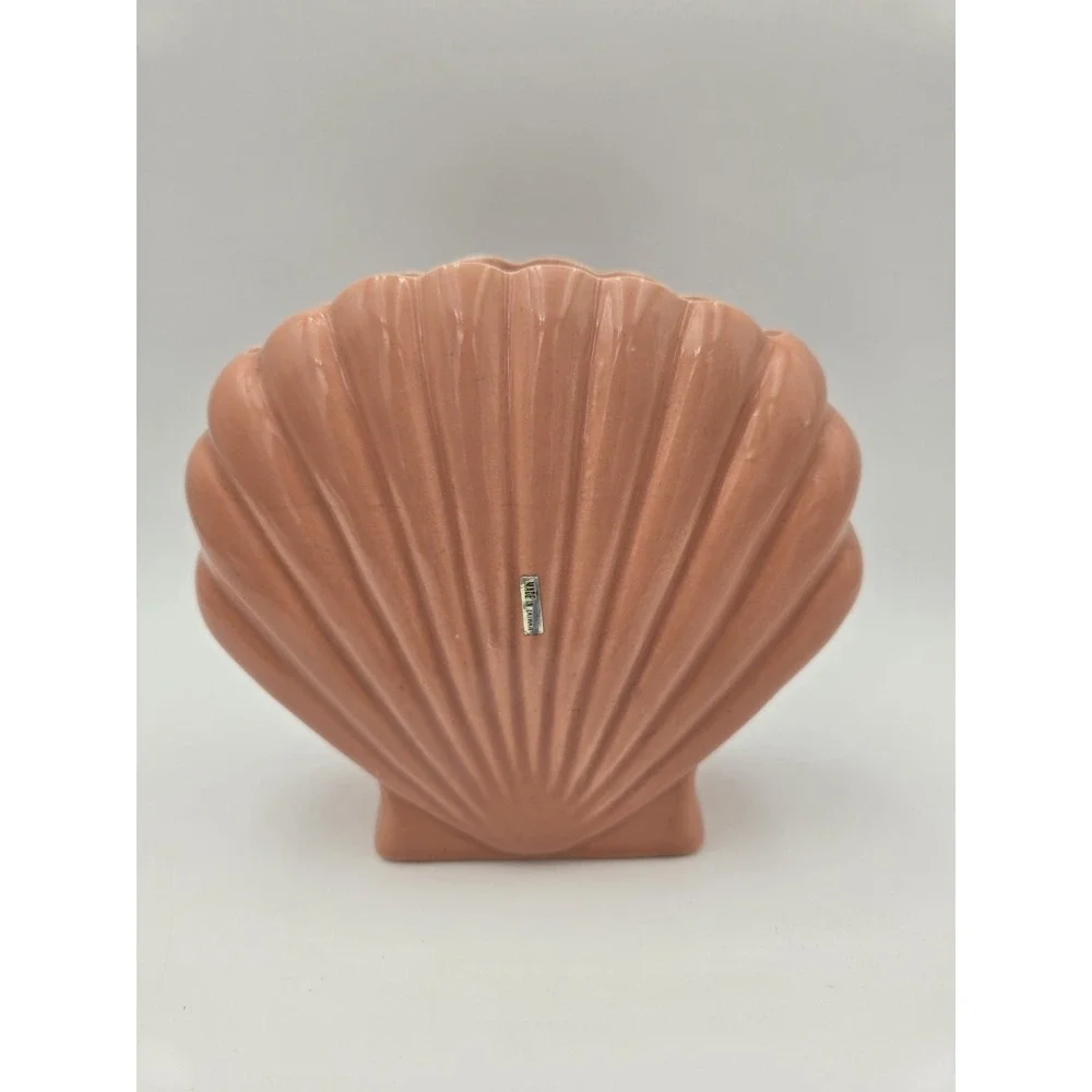 1980s Ceramic Shell Vase Art Deco Revival Scallop Pink Dusty Rose Decor Fan